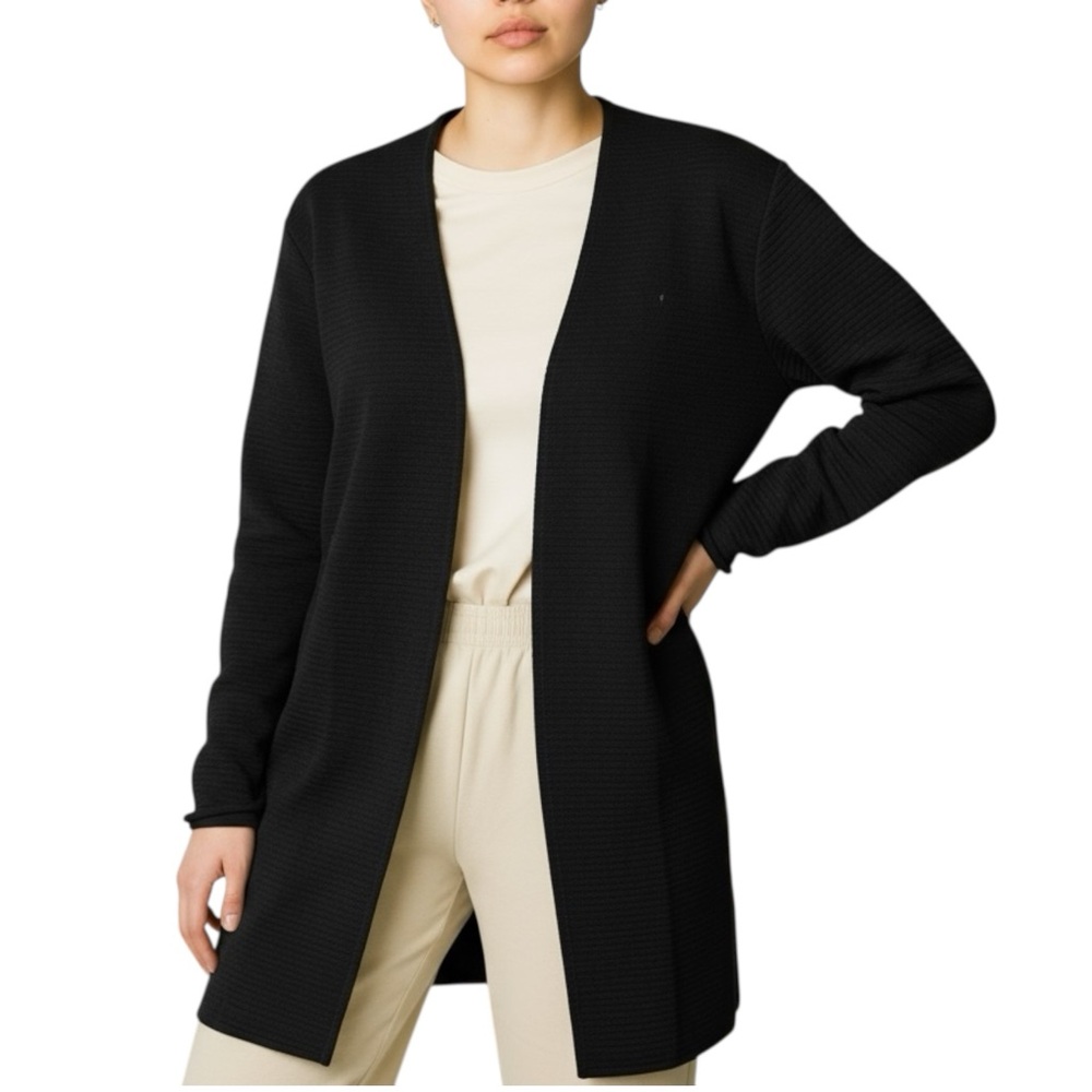 Talbots NWT Open Front Black Mid Length Ribbed Knit Cotton Blend Cardigan Sz L